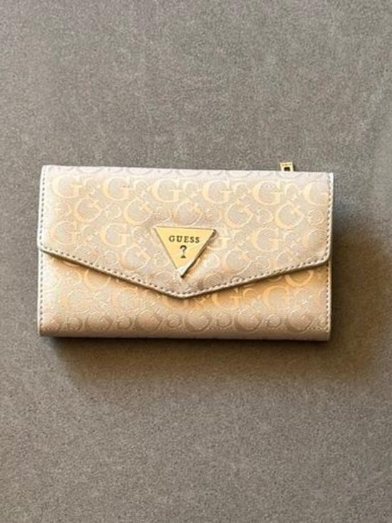 Guess Handbags - NWT GUESS Champagne Logo Wallet | Faux Leather Trifold Organizer | Gold Logo